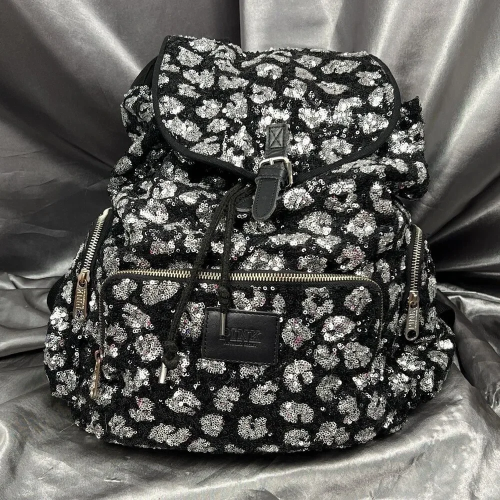 Victoria's Secret PINK Drawstring Silver Sequin Bling Large Backpack Pockets Y2K